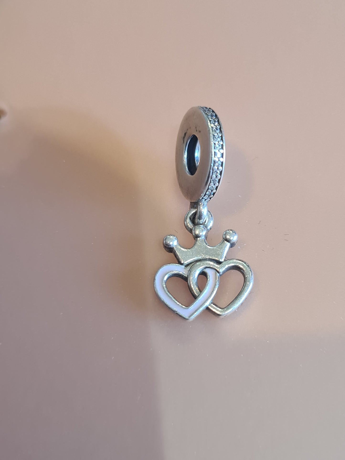 Genuine Pandora Double Heart With Crown and Pink Enamel Pave Charm