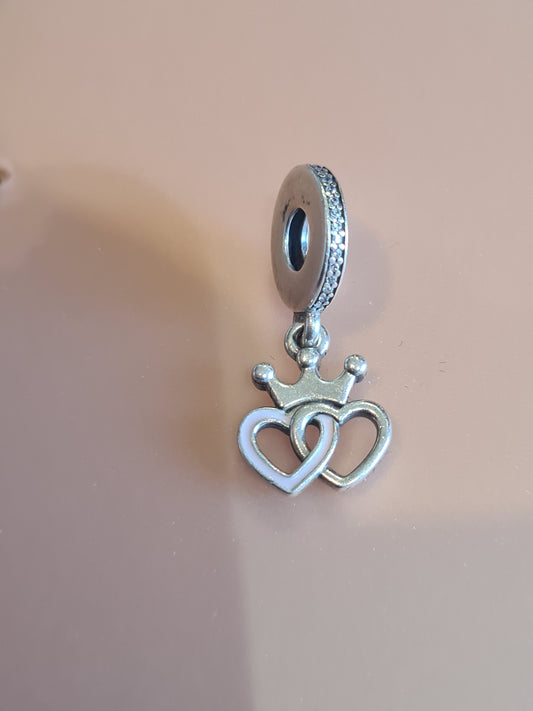 Genuine Pandora Double Heart With Crown and Pink Enamel Pave Charm