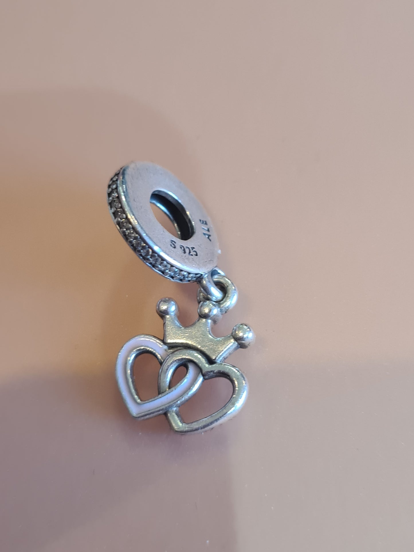 Genuine Pandora Double Heart With Crown and Pink Enamel Pave Charm