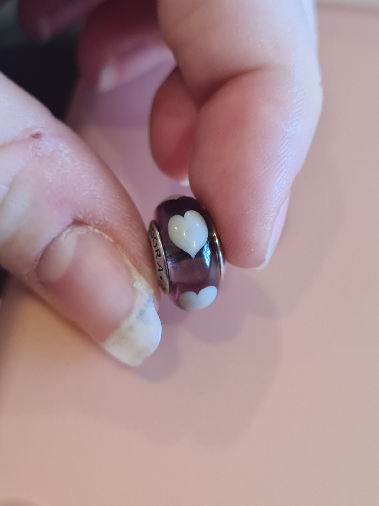 Genuine Pandora Purple Murano Glass Charm with White Hearts