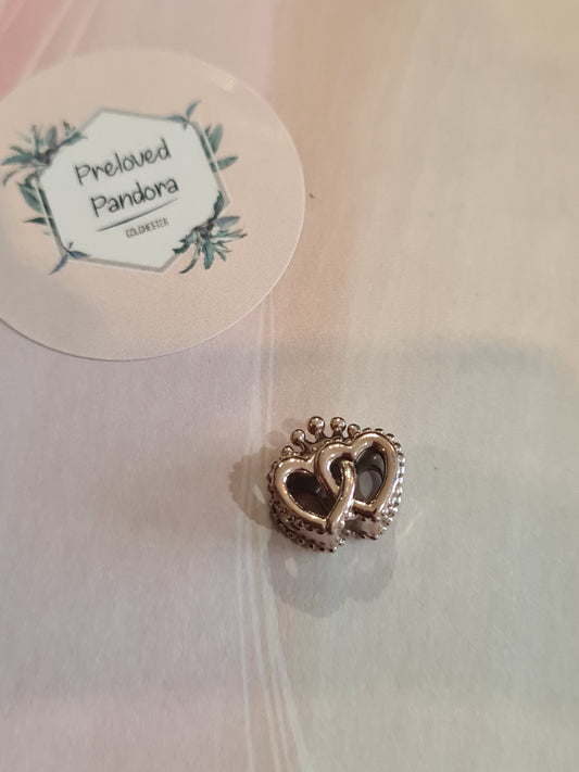 Genuine Pandora Rose Gold Double Heart Charm With Crown