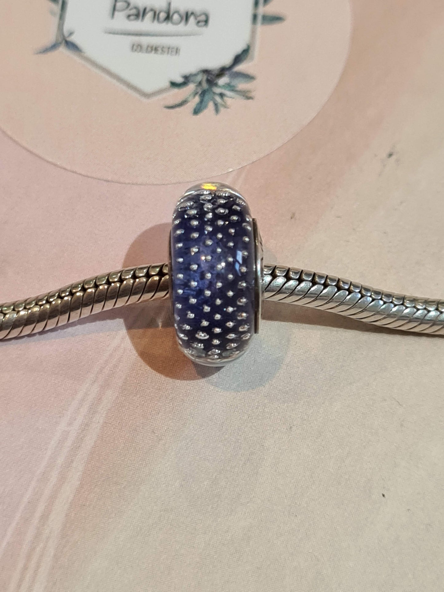 Genuine Chamilia Bluey Purple Glass Murano With Clear Sparkle Dots Charm