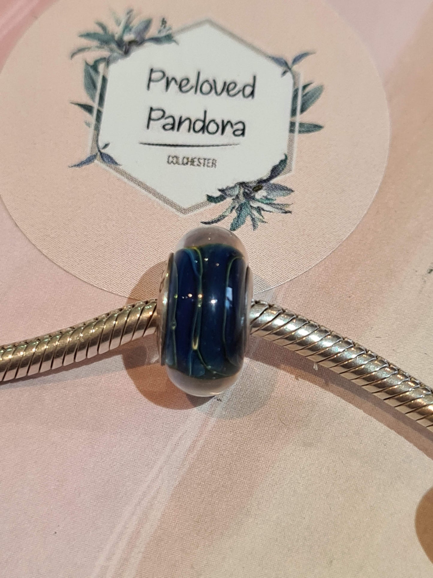 Genuine Chamilia Dark Blue Glass Murano With Navy Lines Charm