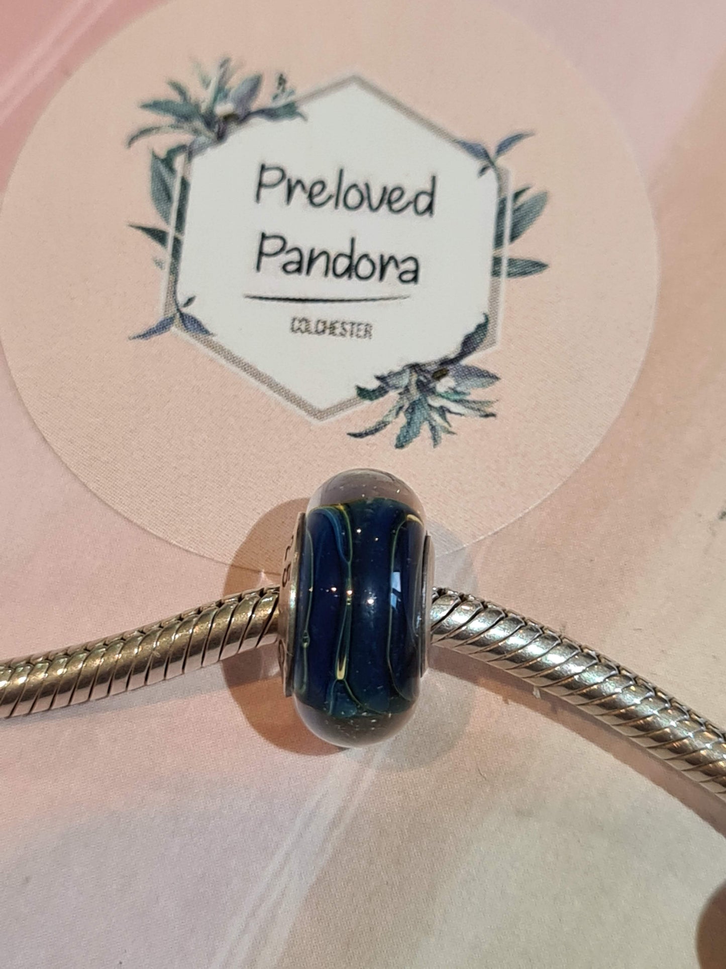 Genuine Chamilia Dark Blue Glass Murano With Navy Lines Charm