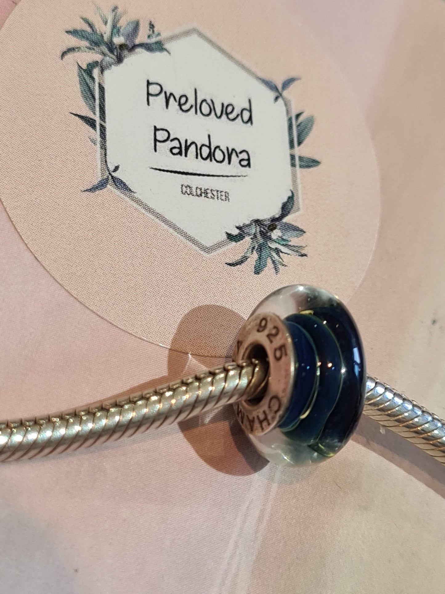Genuine Chamilia Dark Blue Glass Murano With Navy Lines Charm