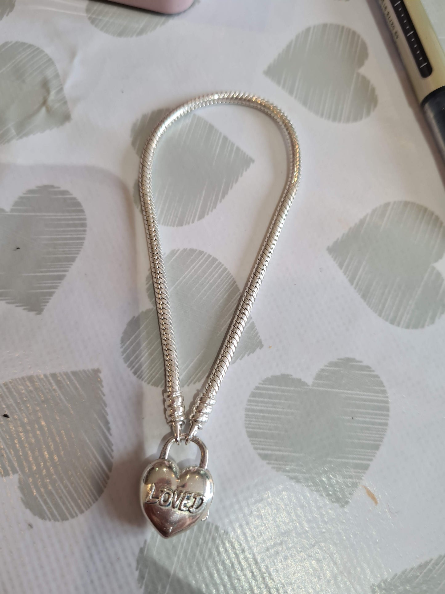 Genuine Pandora Heart Lock Clasp Smooth Chain Bracelet with You Are Loved Inscribed HTF