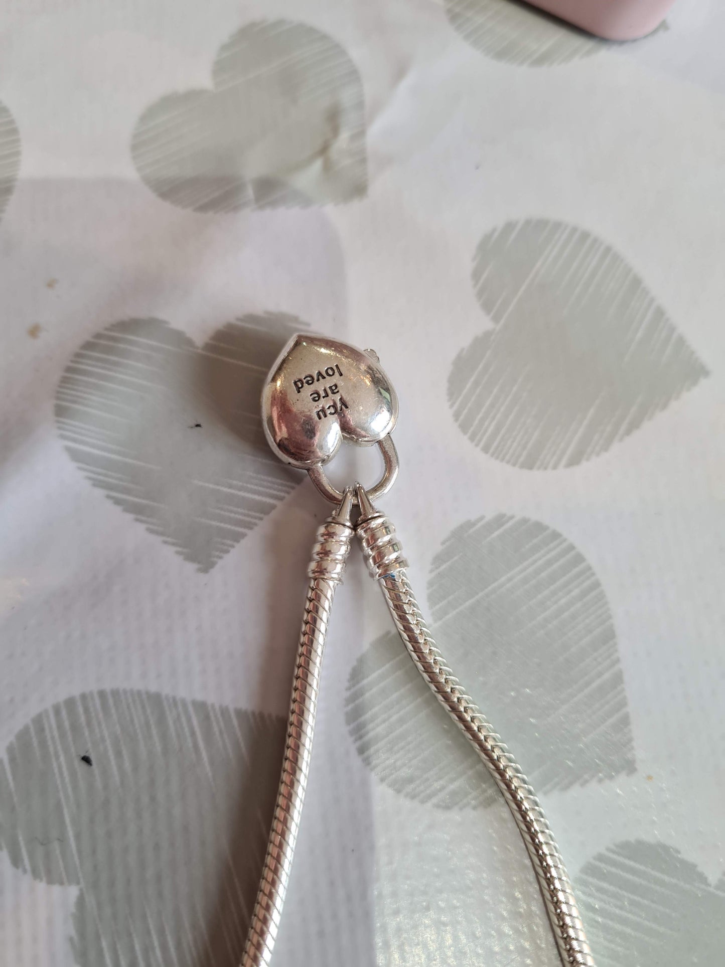 Genuine Pandora Heart Lock Clasp Smooth Chain Bracelet with You Are Loved Inscribed HTF