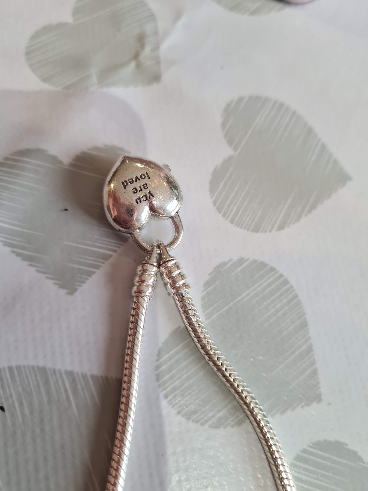 Genuine Pandora Heart Lock Clasp Smooth Chain Bracelet with You Are Loved Inscribed HTF