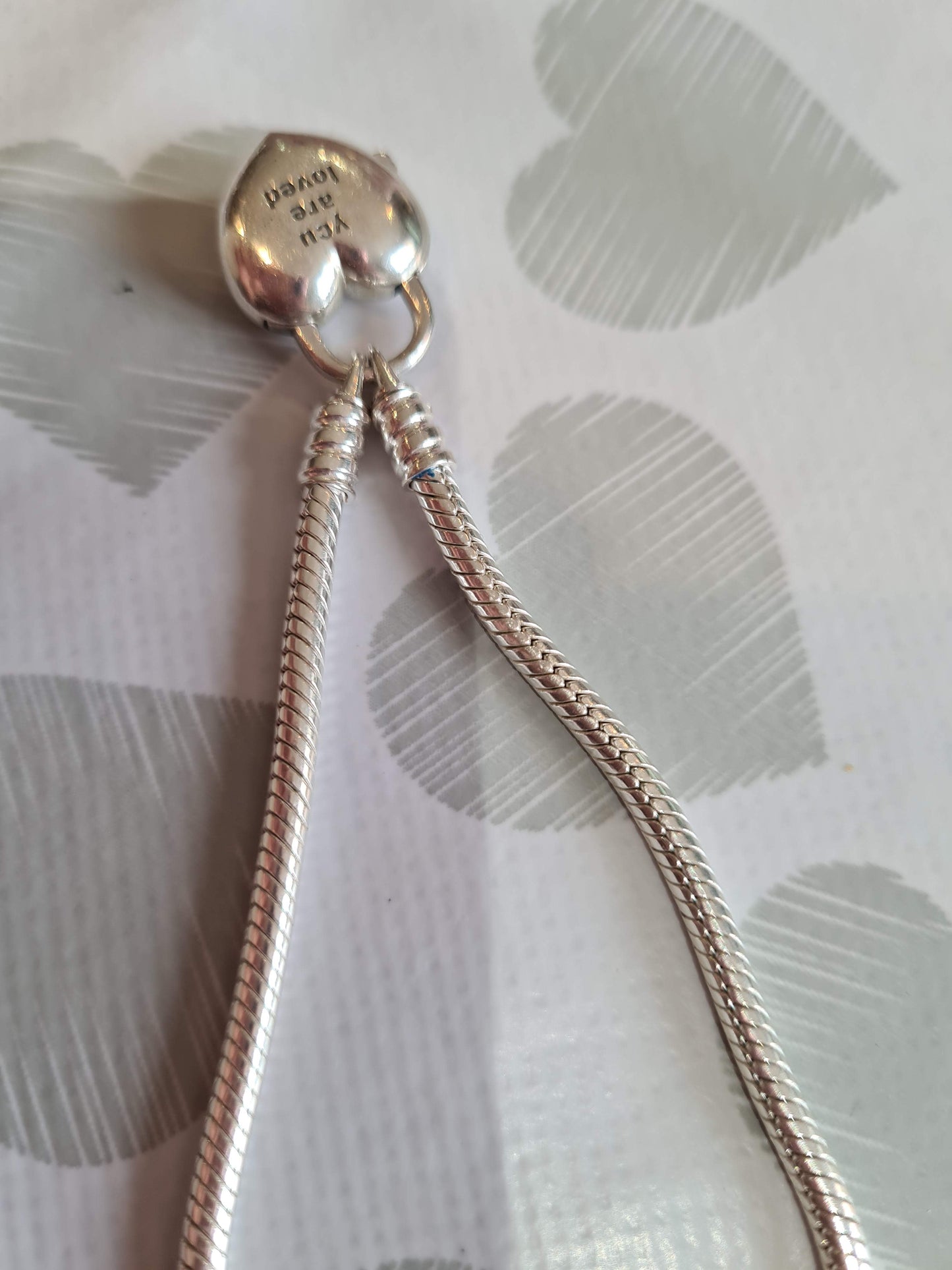 Genuine Pandora Heart Lock Clasp Smooth Chain Bracelet with You Are Loved Inscribed HTF