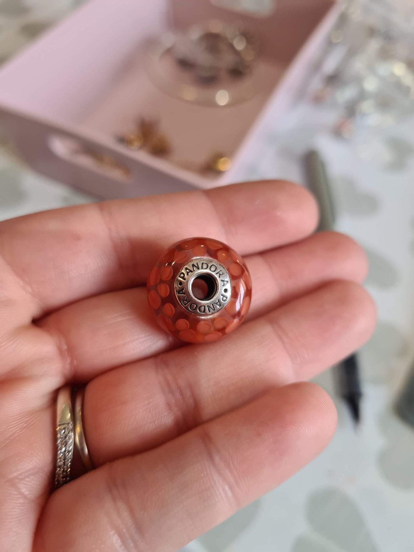 Genuine Pandora Giant XL Murano with Orange Blossum Glass and Burnt Orange Dots. Large and Heavy and Retired