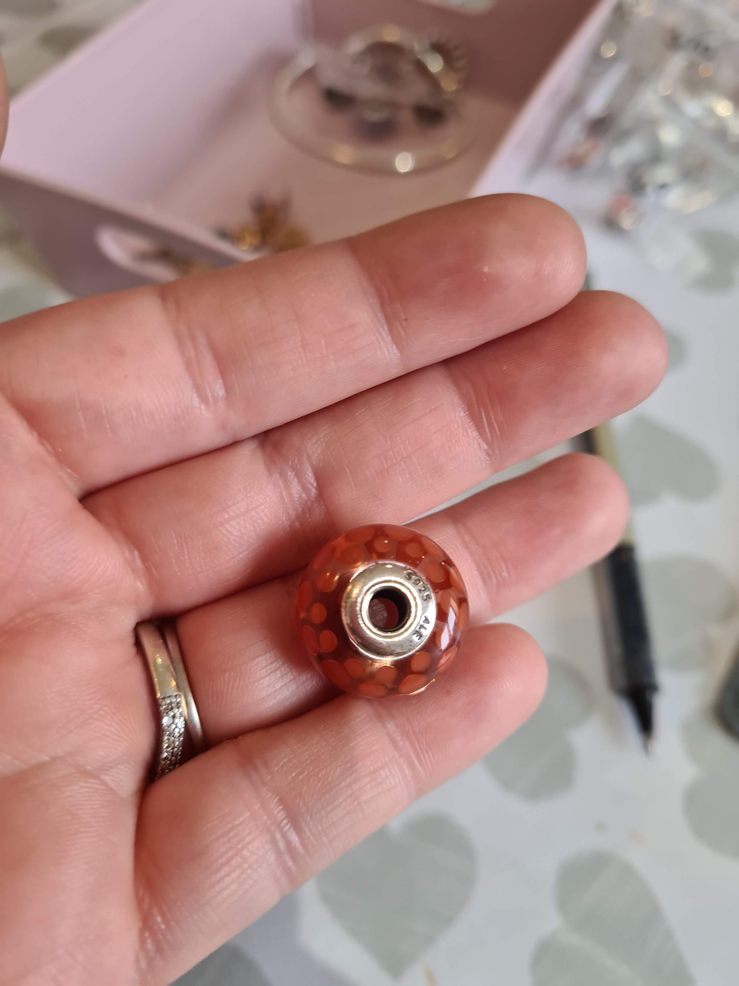 Genuine Pandora Giant XL Murano with Orange Blossum Glass and Burnt Orange Dots. Large and Heavy and Retired