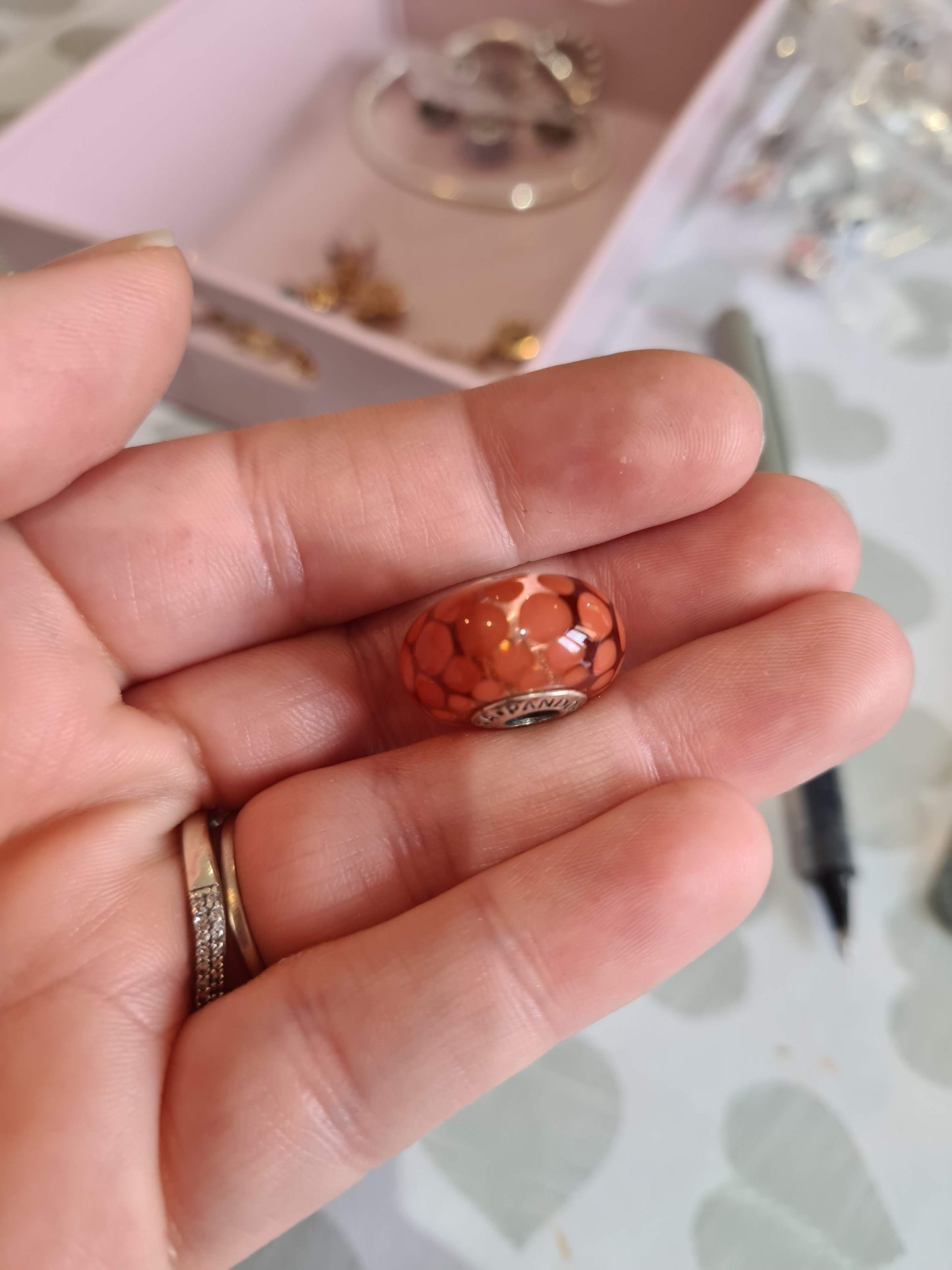 Genuine Pandora Giant XL Murano with Orange Blossum Glass and Burnt Orange Dots. Large and Heavy and Retired