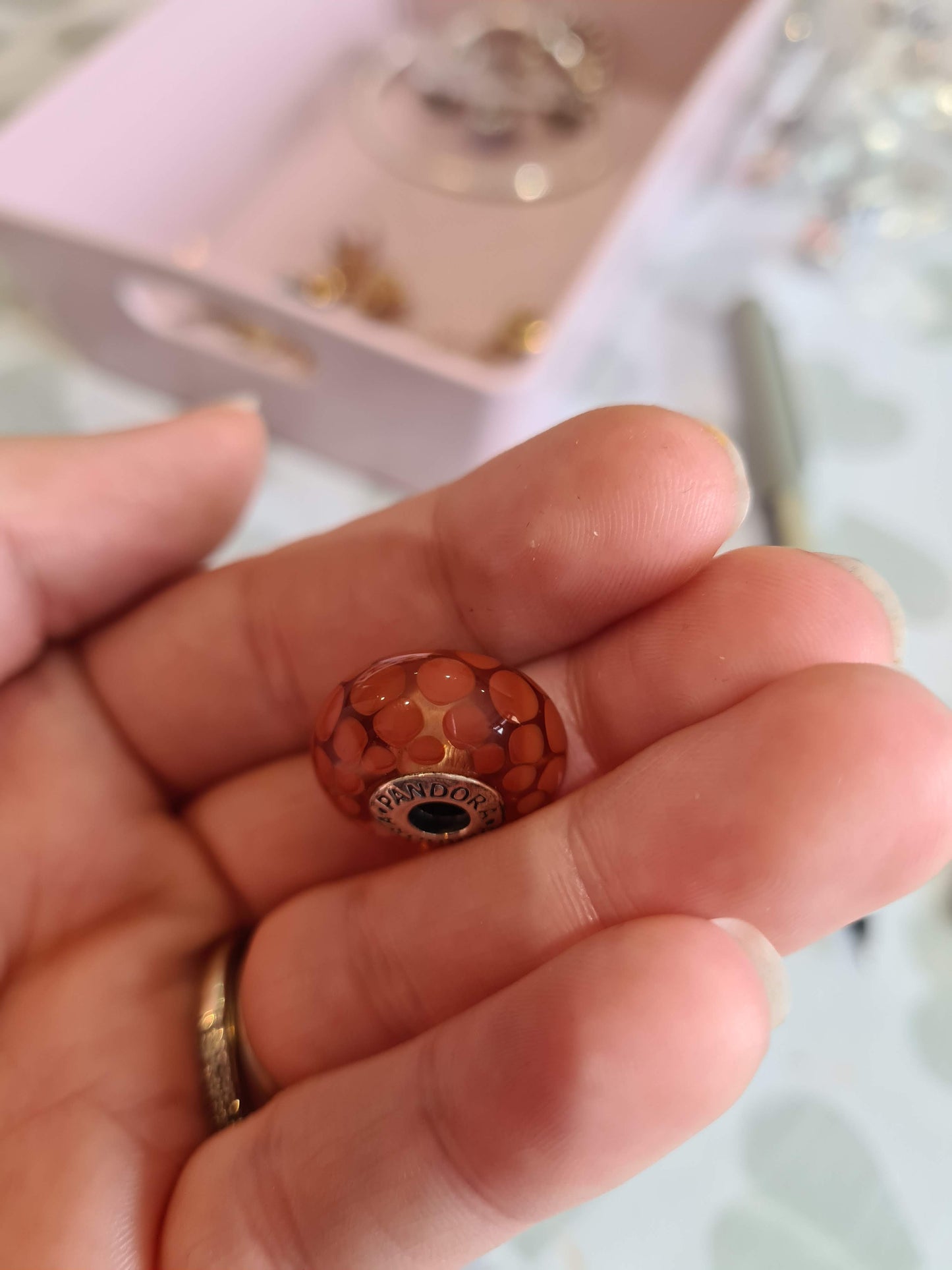 Genuine Pandora Giant XL Murano with Orange Blossum Glass and Burnt Orange Dots. Large and Heavy and Retired