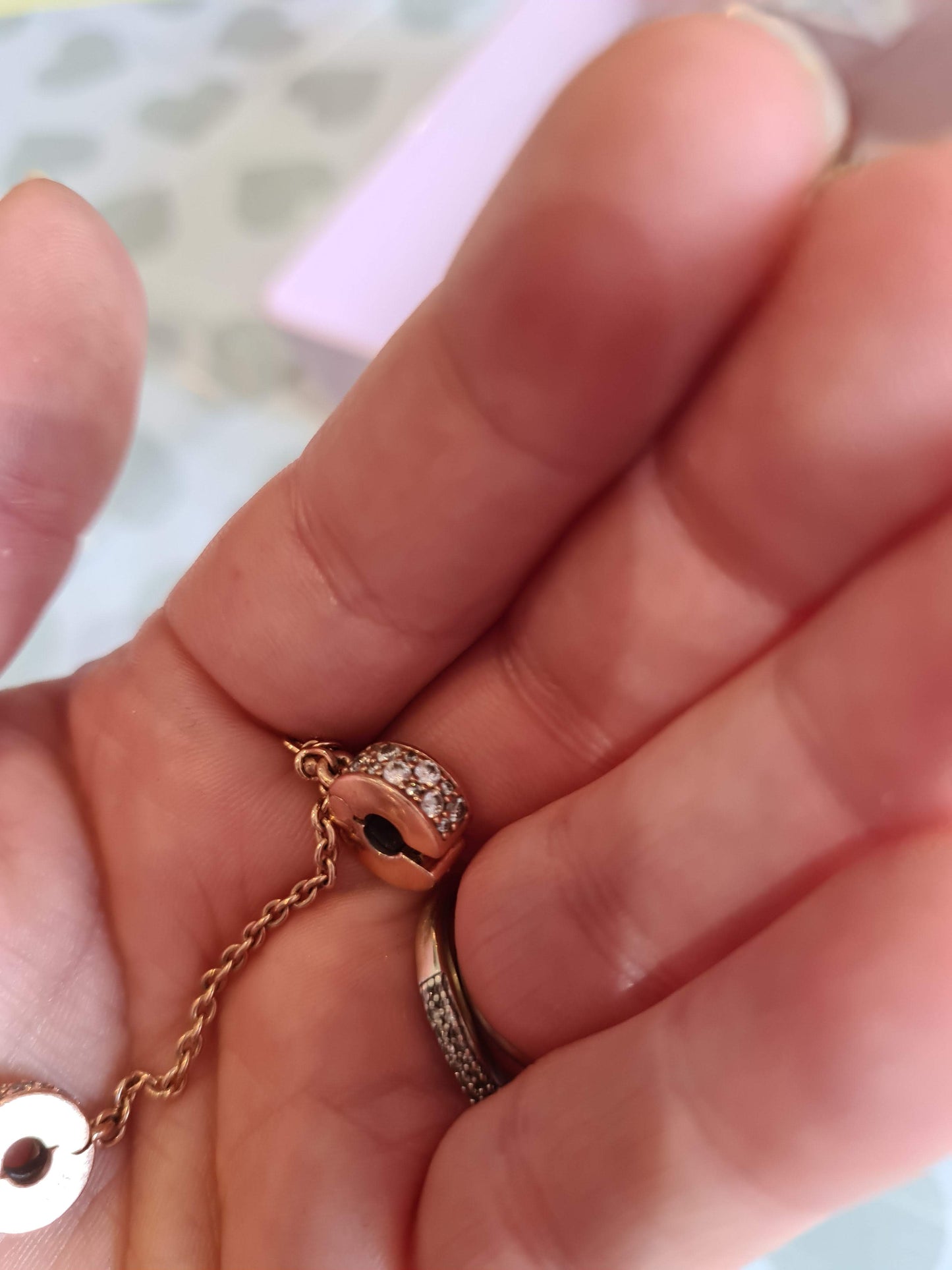 Genuine Pandora Rose Gold Pave Clip Safety Chain Silicone Insert