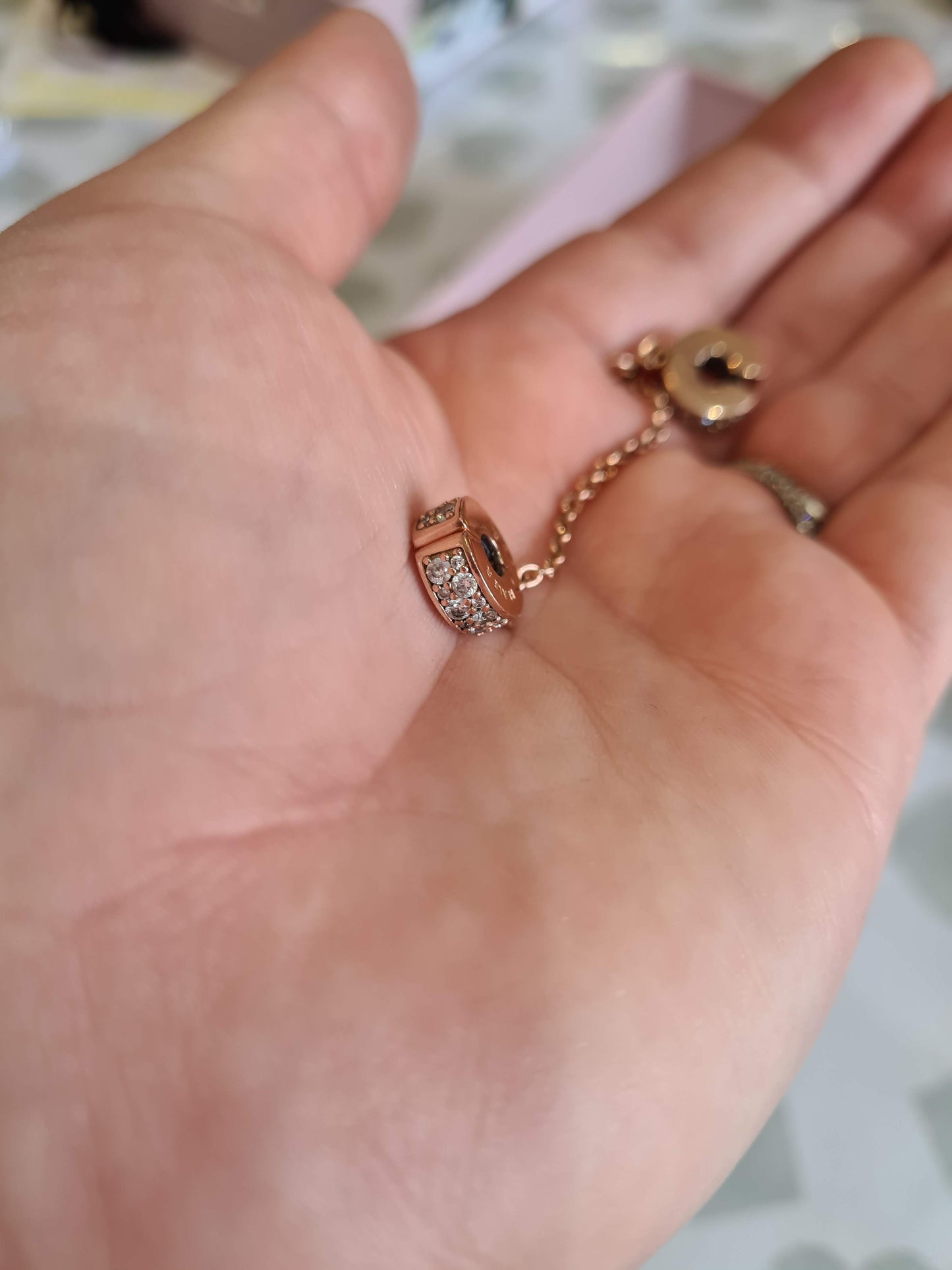 Genuine Pandora Rose Gold Pave Clip Safety Chain Silicone Insert