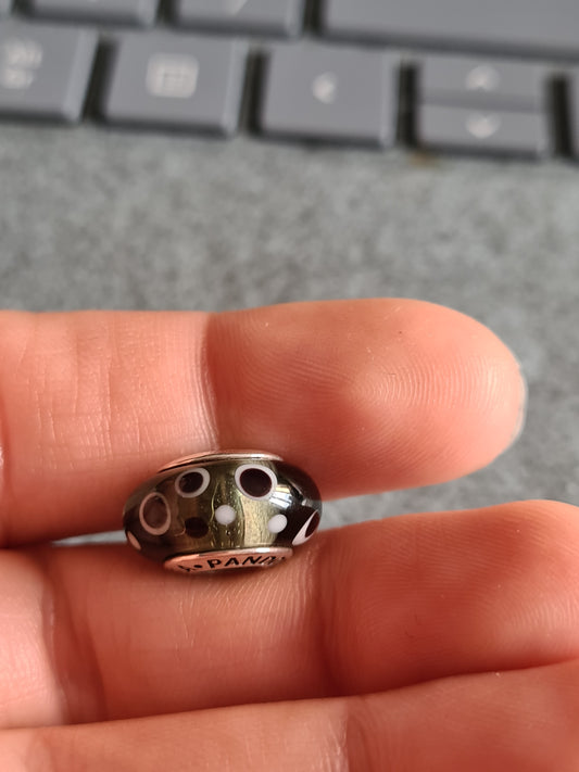 Genuine Pandora Dark Green Polka Dot Glass Murano Charm With Brown and White Dots