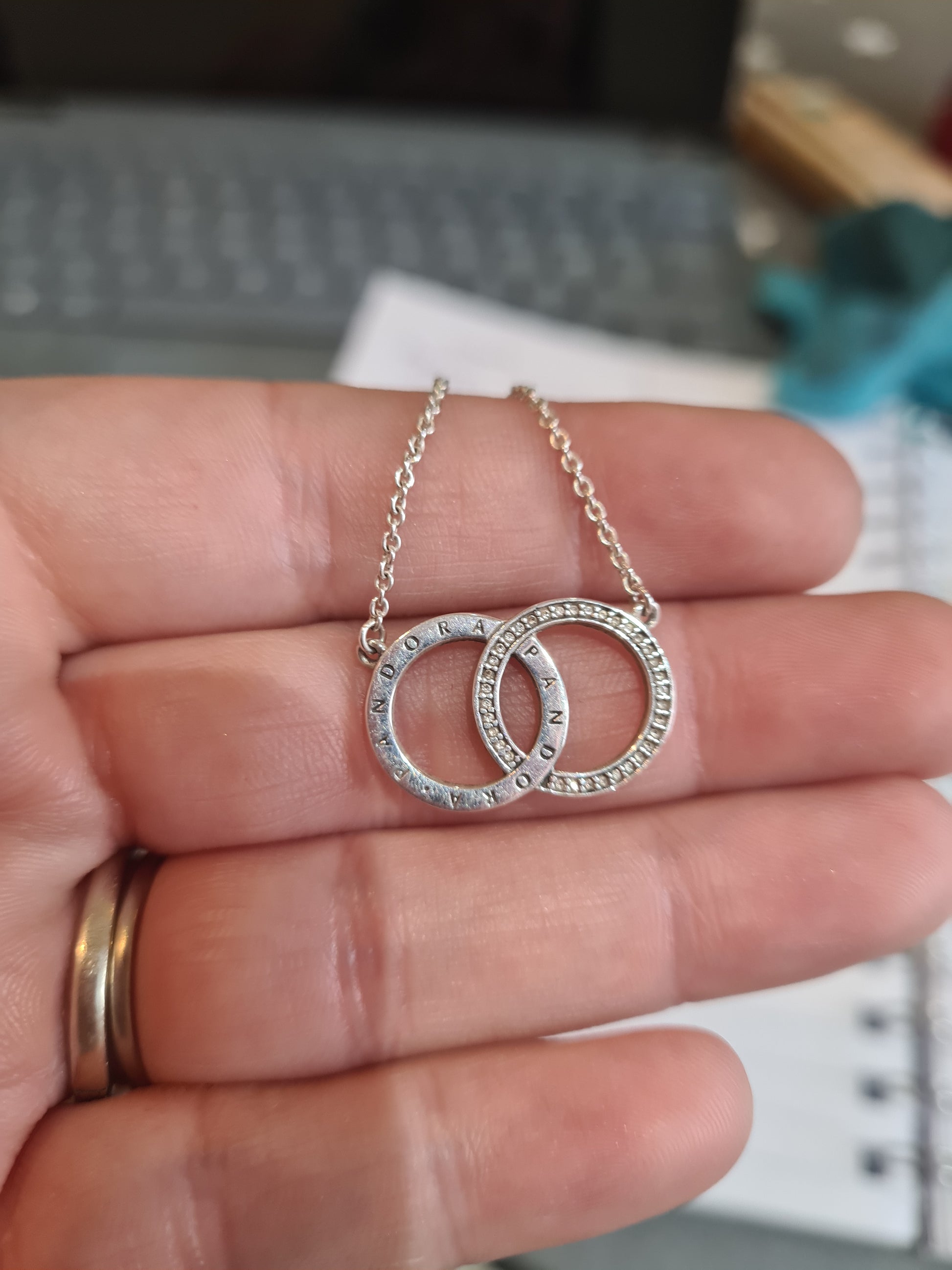 Genuine Pandora Pave Two Entwined Circles Necklace With Logo Pave