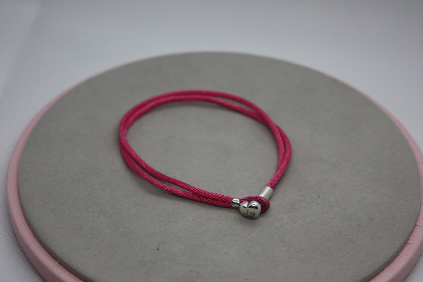 Genuine Pandora Pink Material Bracelet with Silver Heart Securing