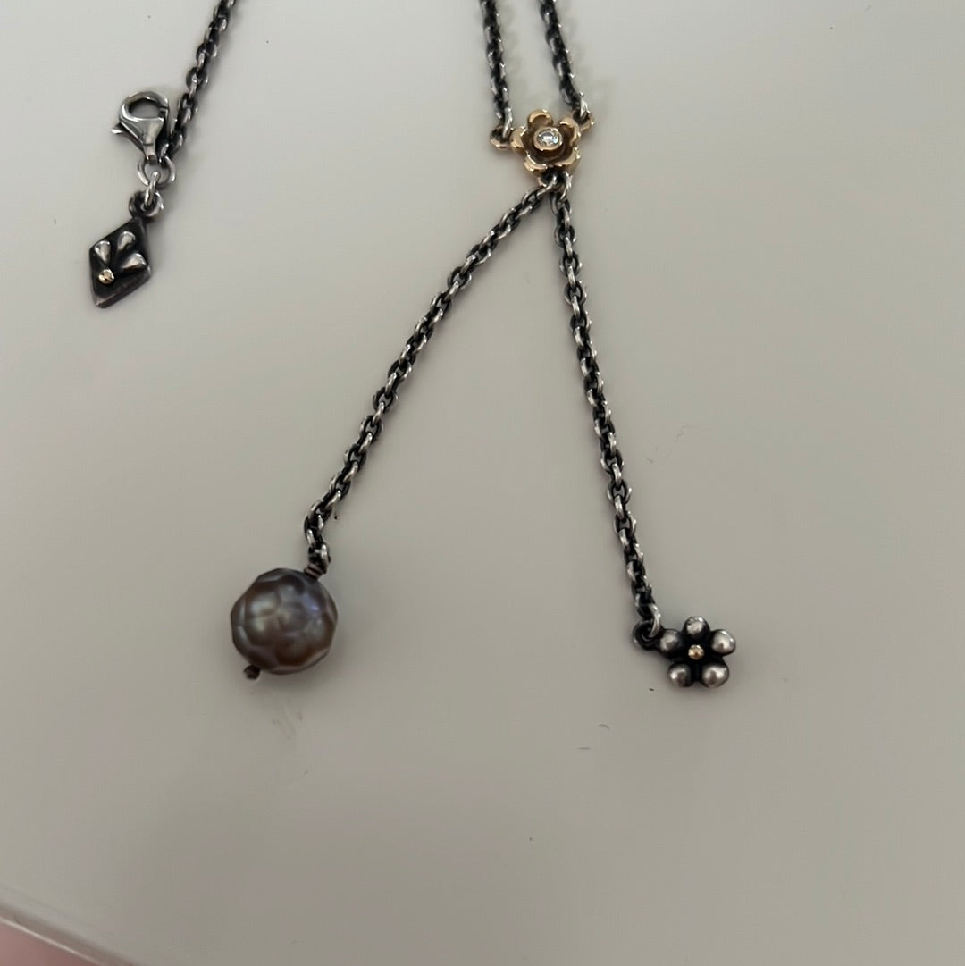 Genuine Pandora Rare Two Tone & Diamond Flower Faceted Grey Pearl Hyper Rare Necklace