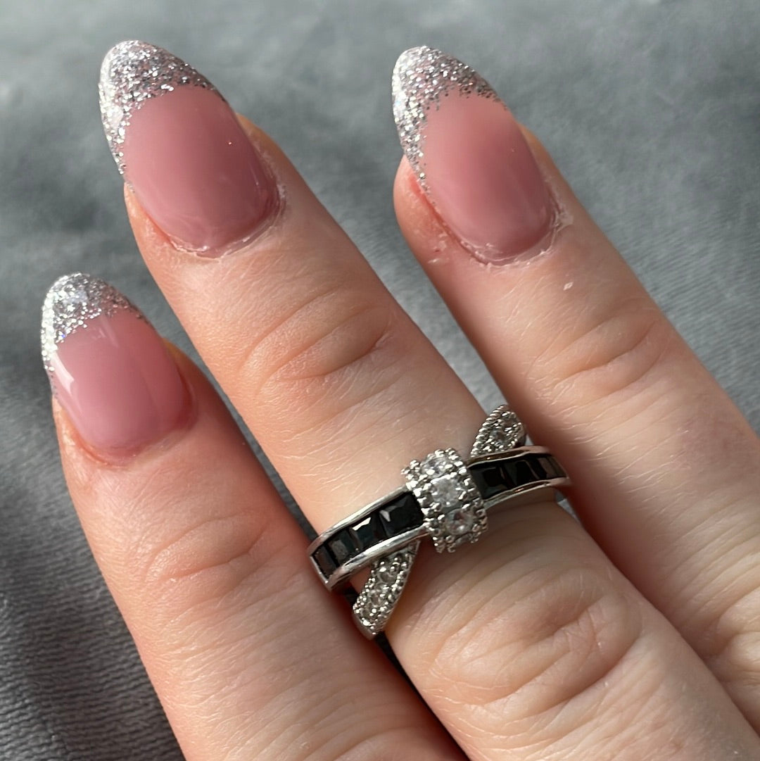 Sterling Silver Pave and CZ Black and Clear Crossover Bow Ring Size 52
