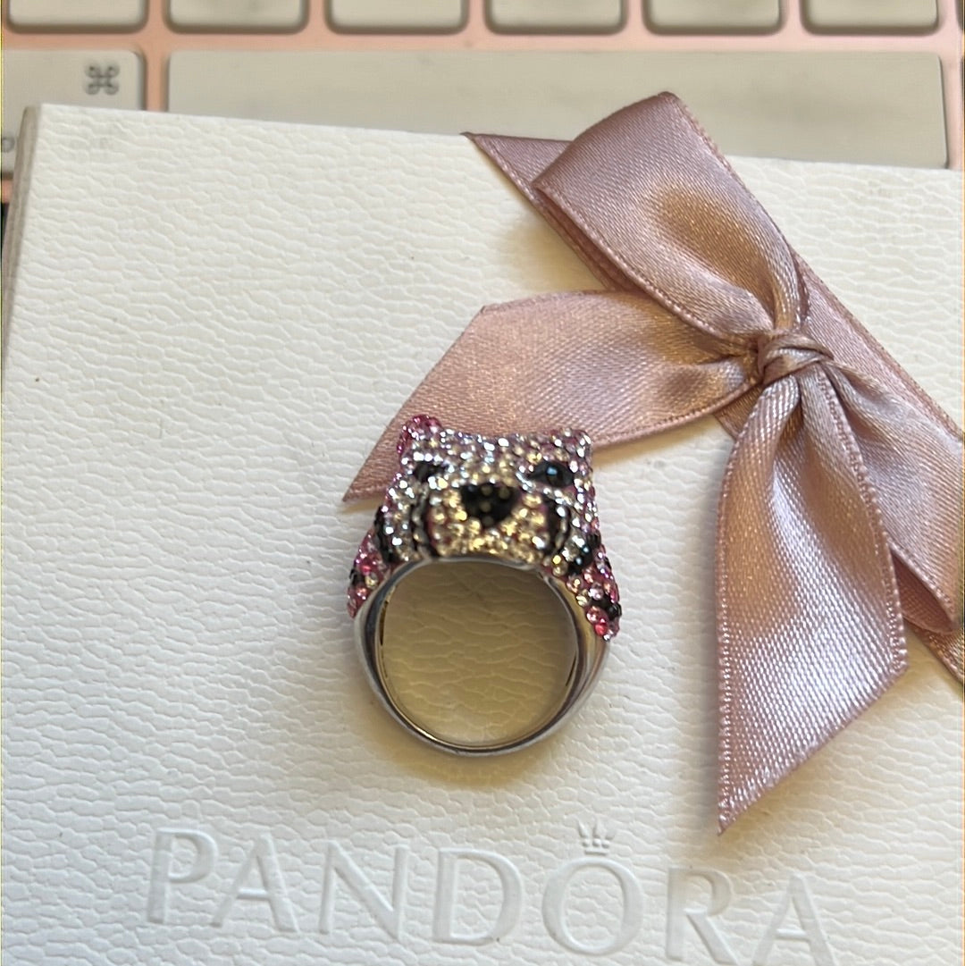 Sterling Silver Pink and Clear Pave Leopard Tiger Head Ring 52