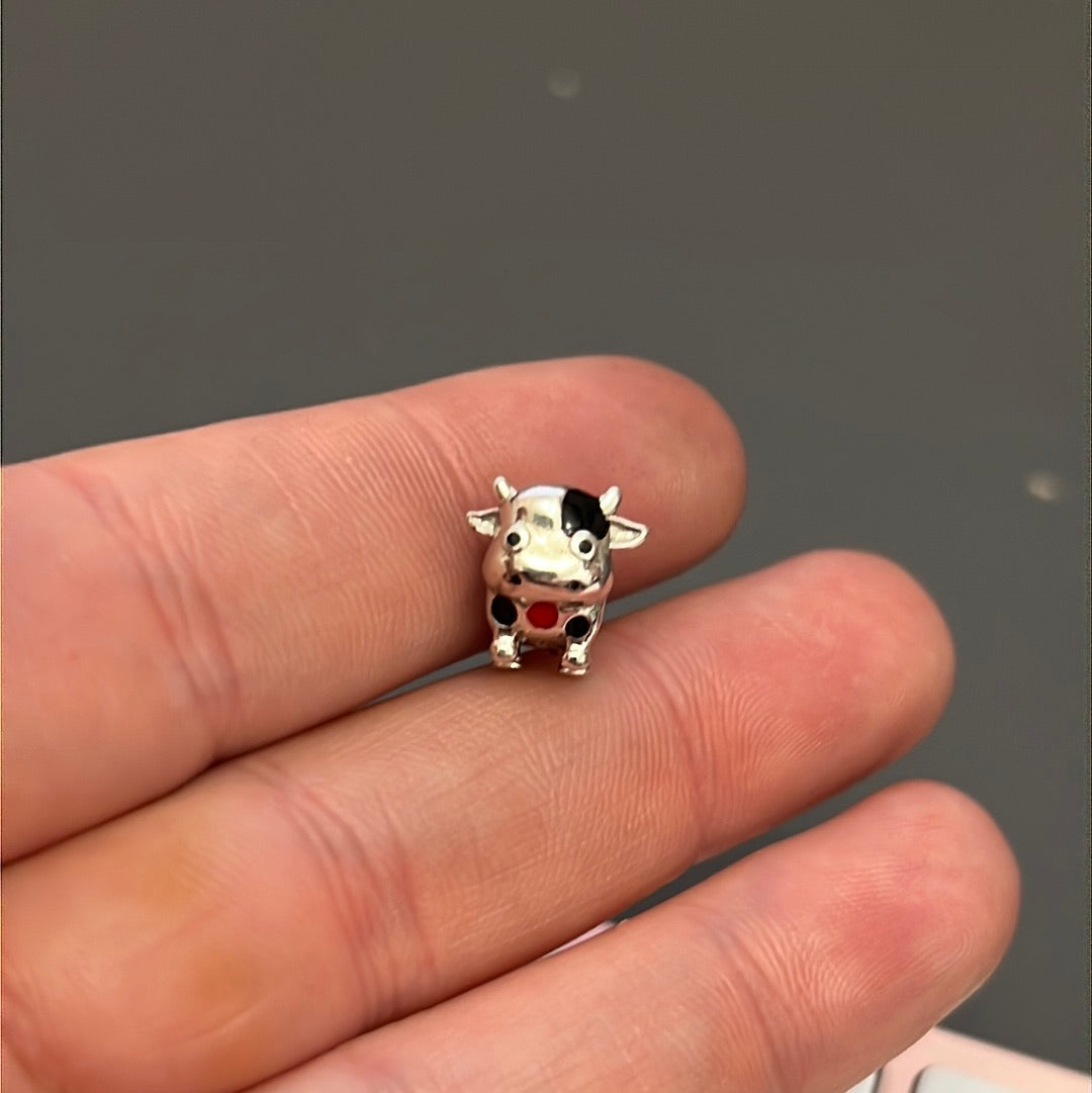 Sterling Silver Cute Enamel Cow Charm
