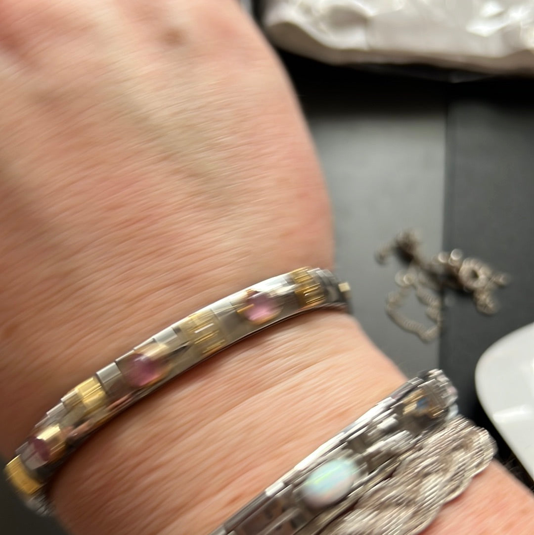 Genuine Nominations Sterling Silver Two Tone Pink Stone Stretch Bracelet