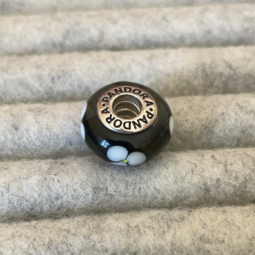 Genuine Pandora Dark Green Glass Charm with White Flowers