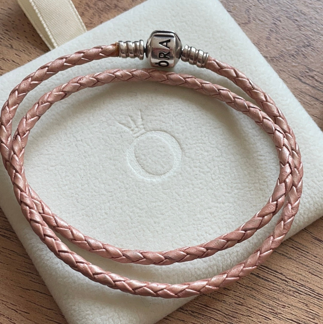 Genuine Pandora Double Wrap Leather in Pink Small Old Style Clasp Large