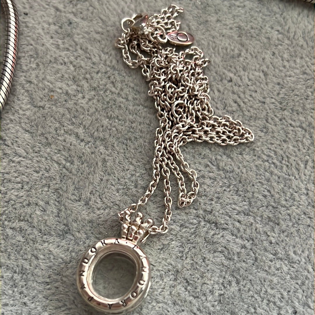 Genuine Pandora Logo O With Crown Memory Locket Petite Holder Pendant with Chain 50cm