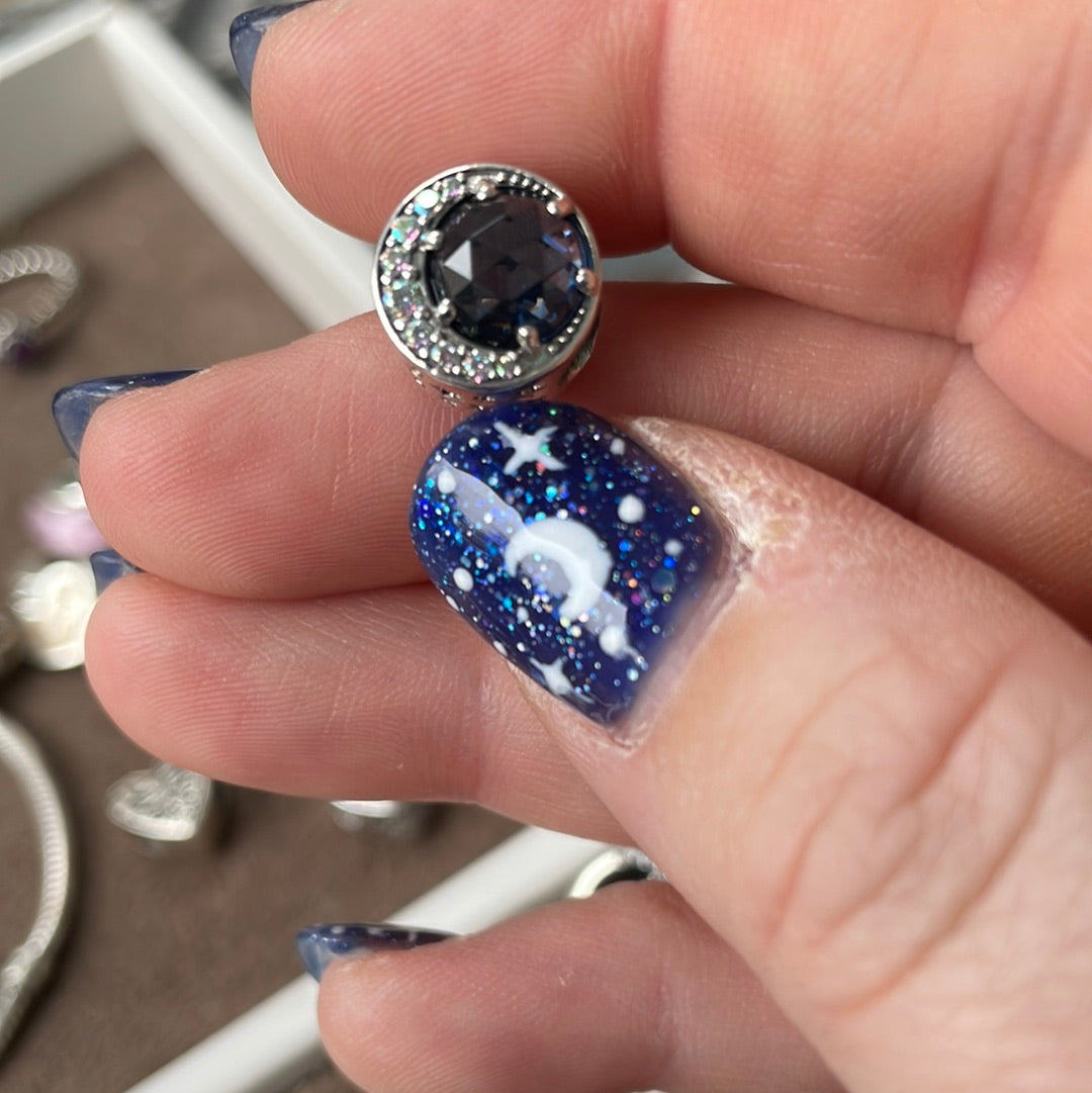 Genuine Pandora Moon Pave Moon and Faceted Blue Stars Openwork Celestial Charm