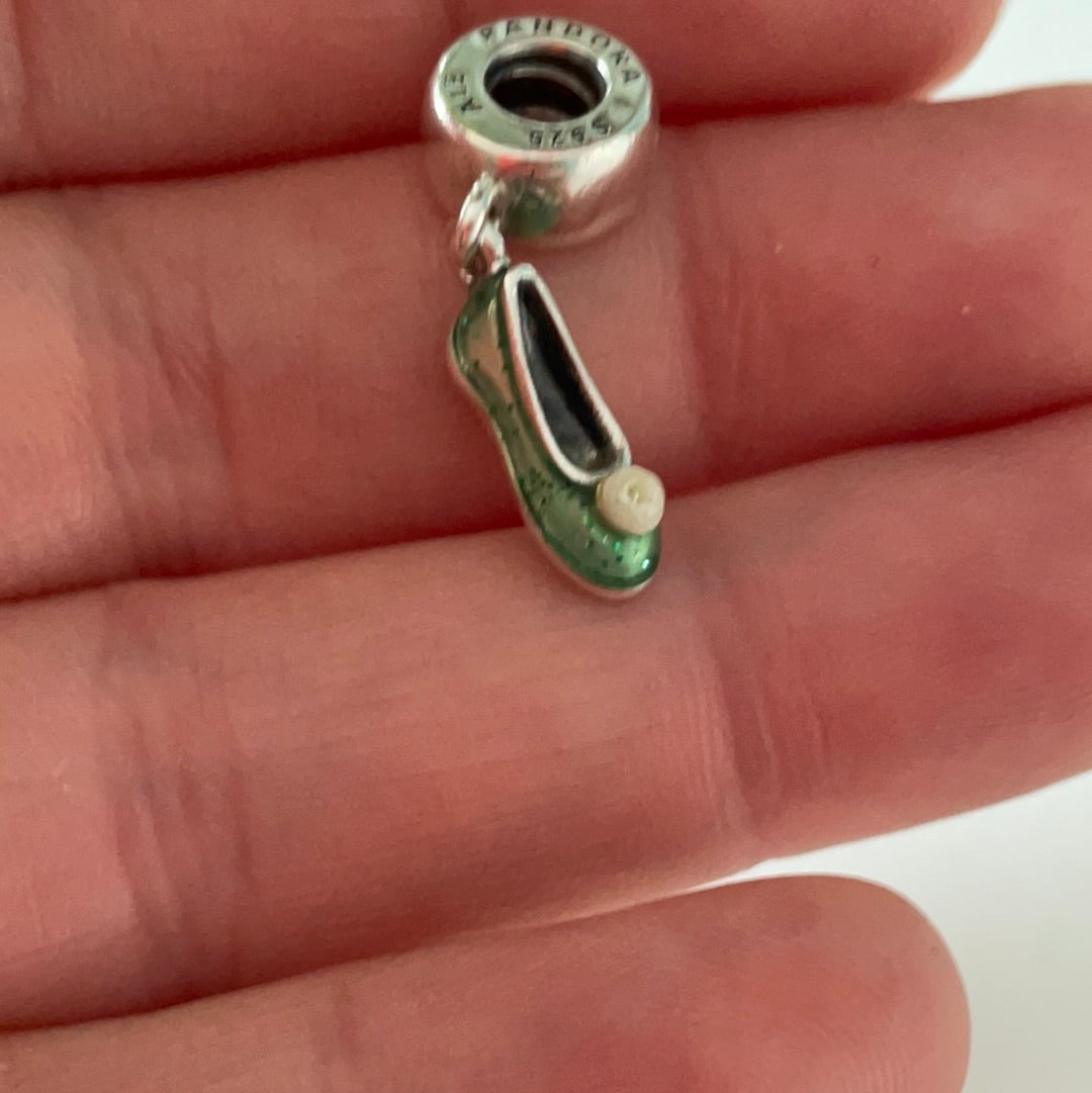 Genuine Pandora Disney Tinkerbell Green Enamel Pearl Slipper Dangle Charm