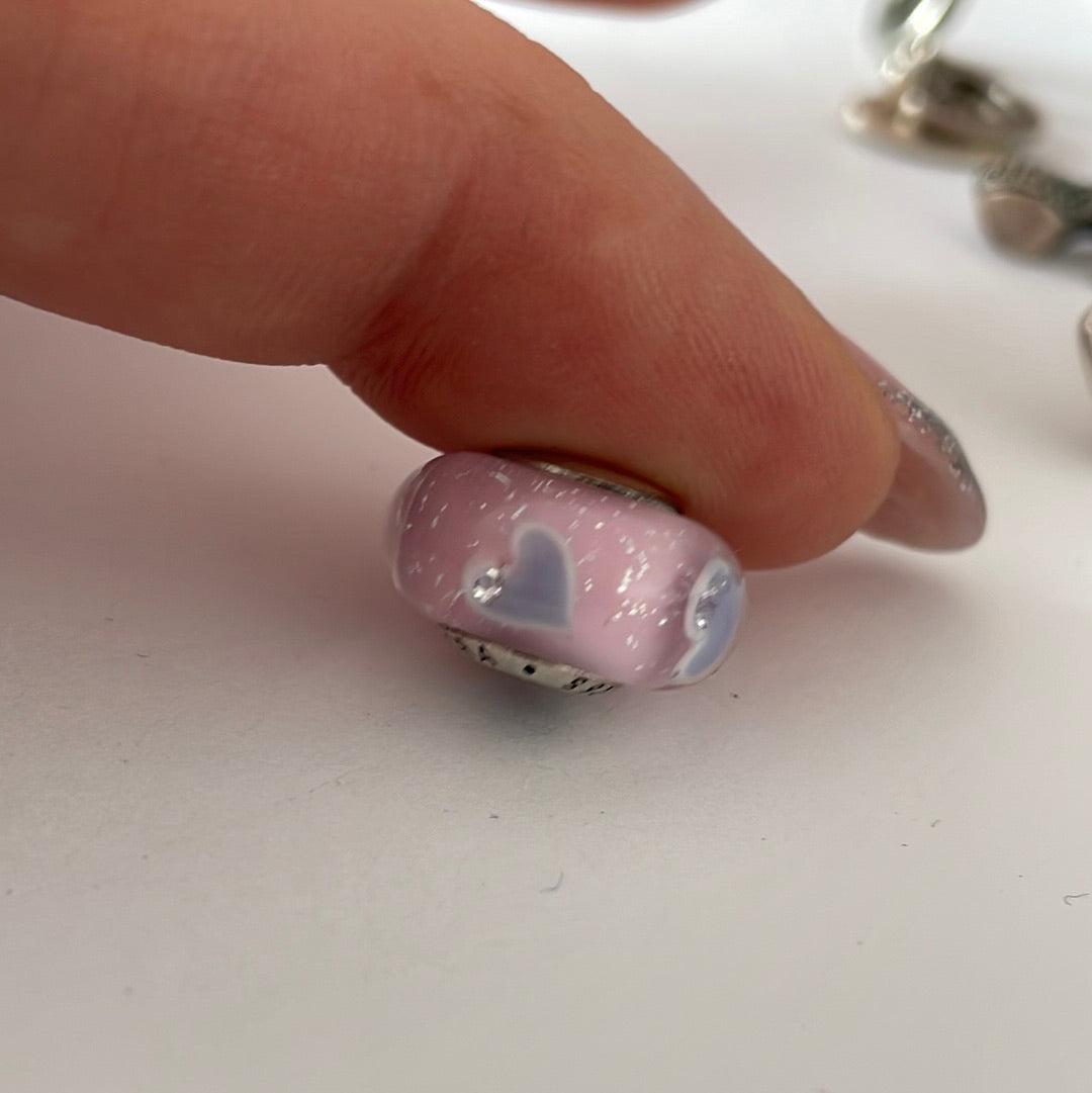 Genuine Pandora Pink Murano With Sparkle and Lilac hearts Charm