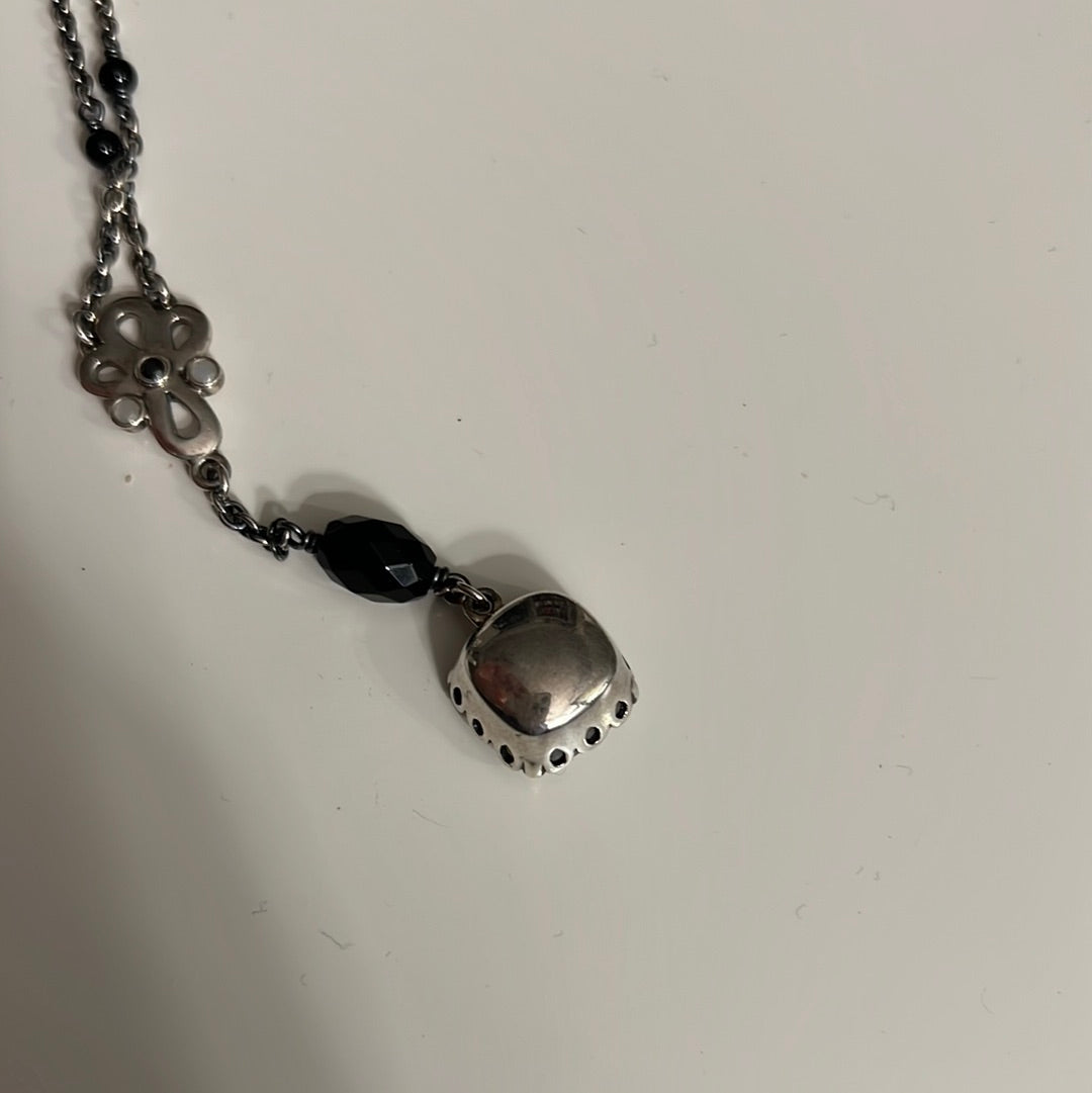 Genuine Pandora RARE and Beautiful White Pearl Mother of Pearl Pendant With Onyx Stones Necklace