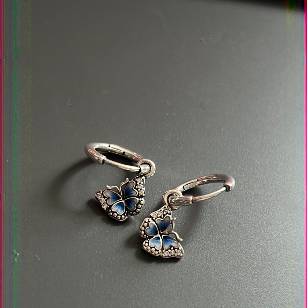 Genuine Pandora Blue Pave Enamel Butterfly Hoops Earrings New Style