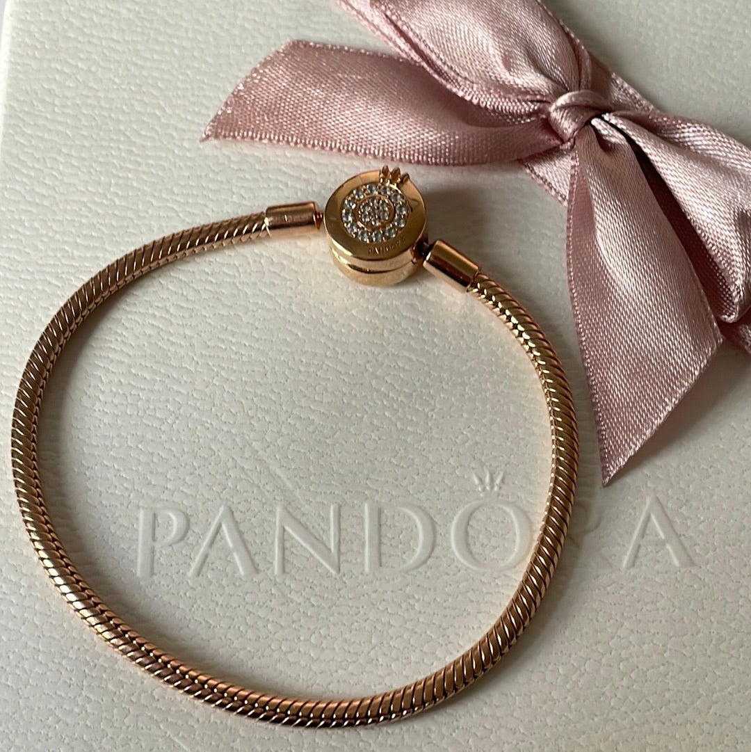 Genuine Pandora Moments Rose Gold Bracelet 17cm Crown Pave Clasp