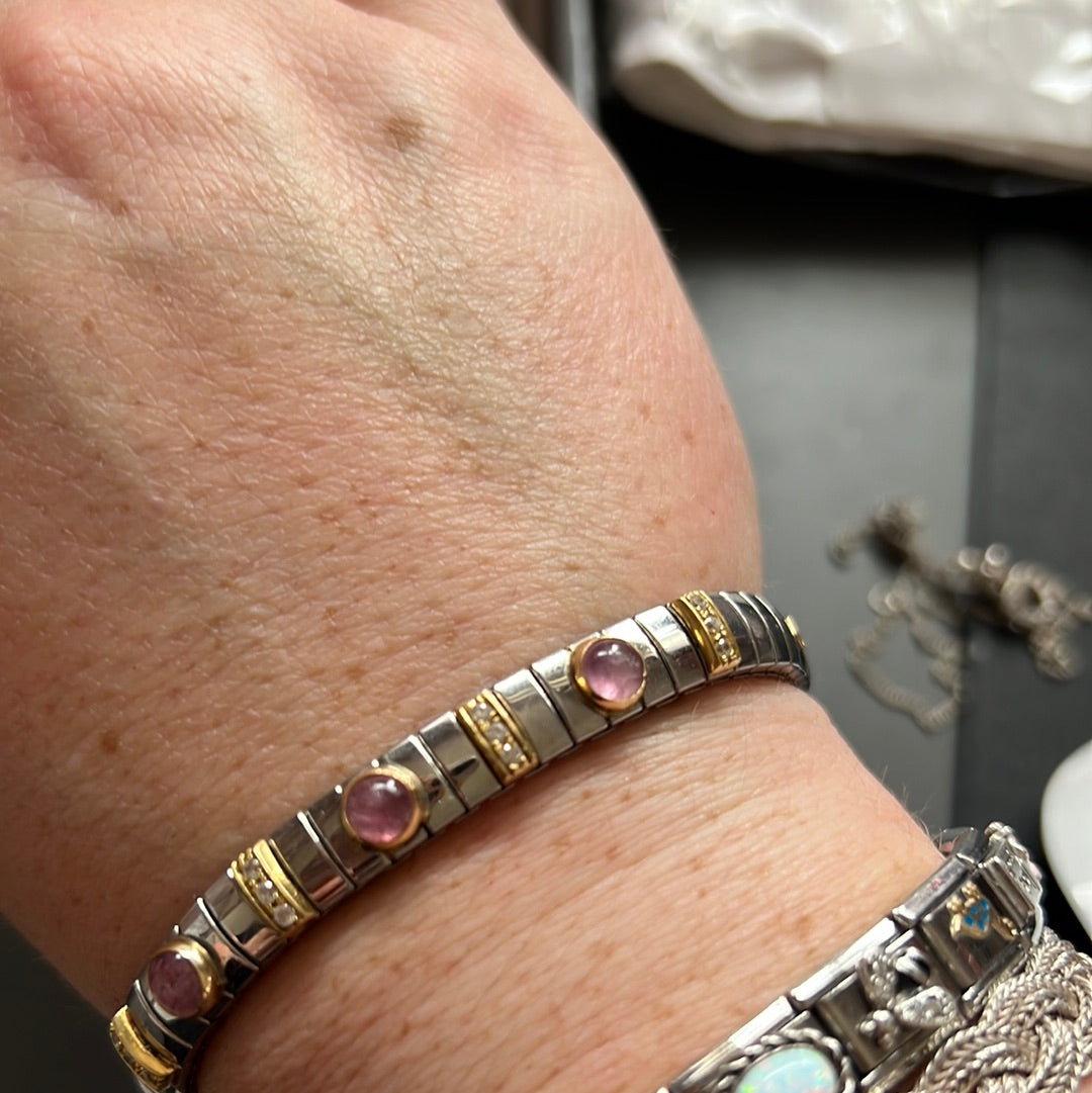 Genuine Nominations Sterling Silver Two Tone Pink Stone Stretch Bracelet