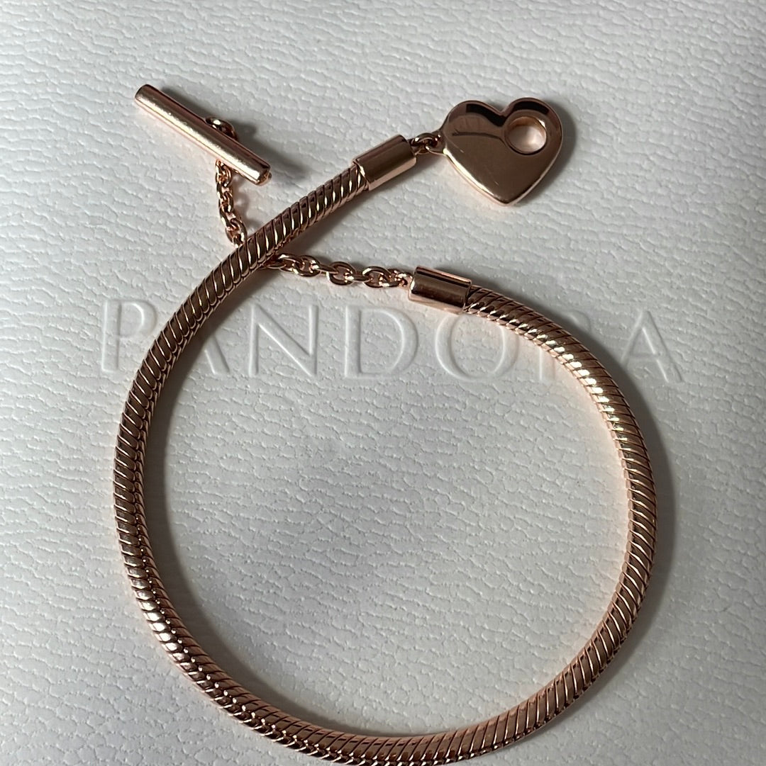Genuine Pandora Rose Gold Snake Chain Moments New Style Smooth Heart Chain T-Clasp Style 18cm