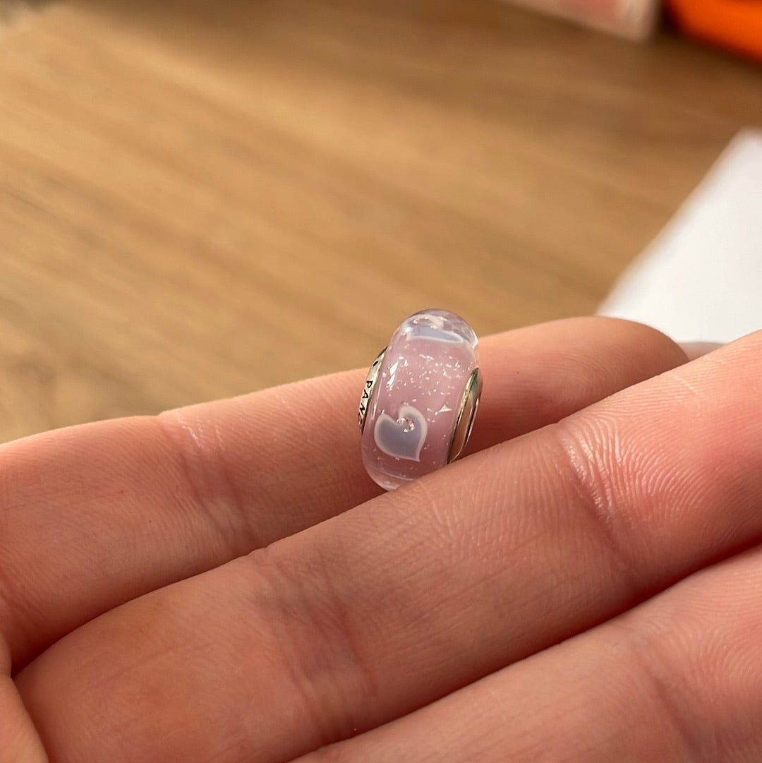 Genuine Pandora Pink Murano With Sparkle and Lilac hearts Charm