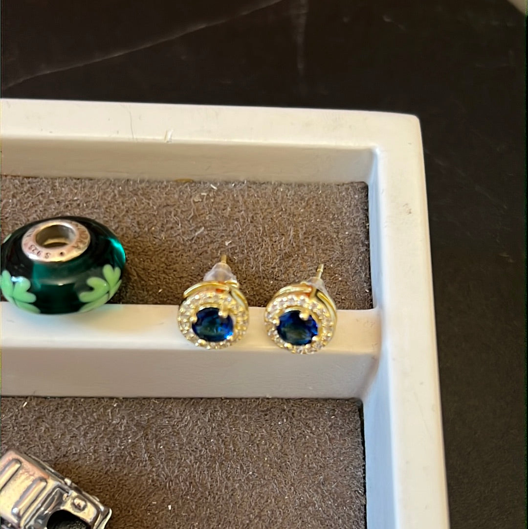 Unbranded Gold Plated 18kt Sterling Silver Pave Circle Blue Pave Earrings Small Stud Earrings