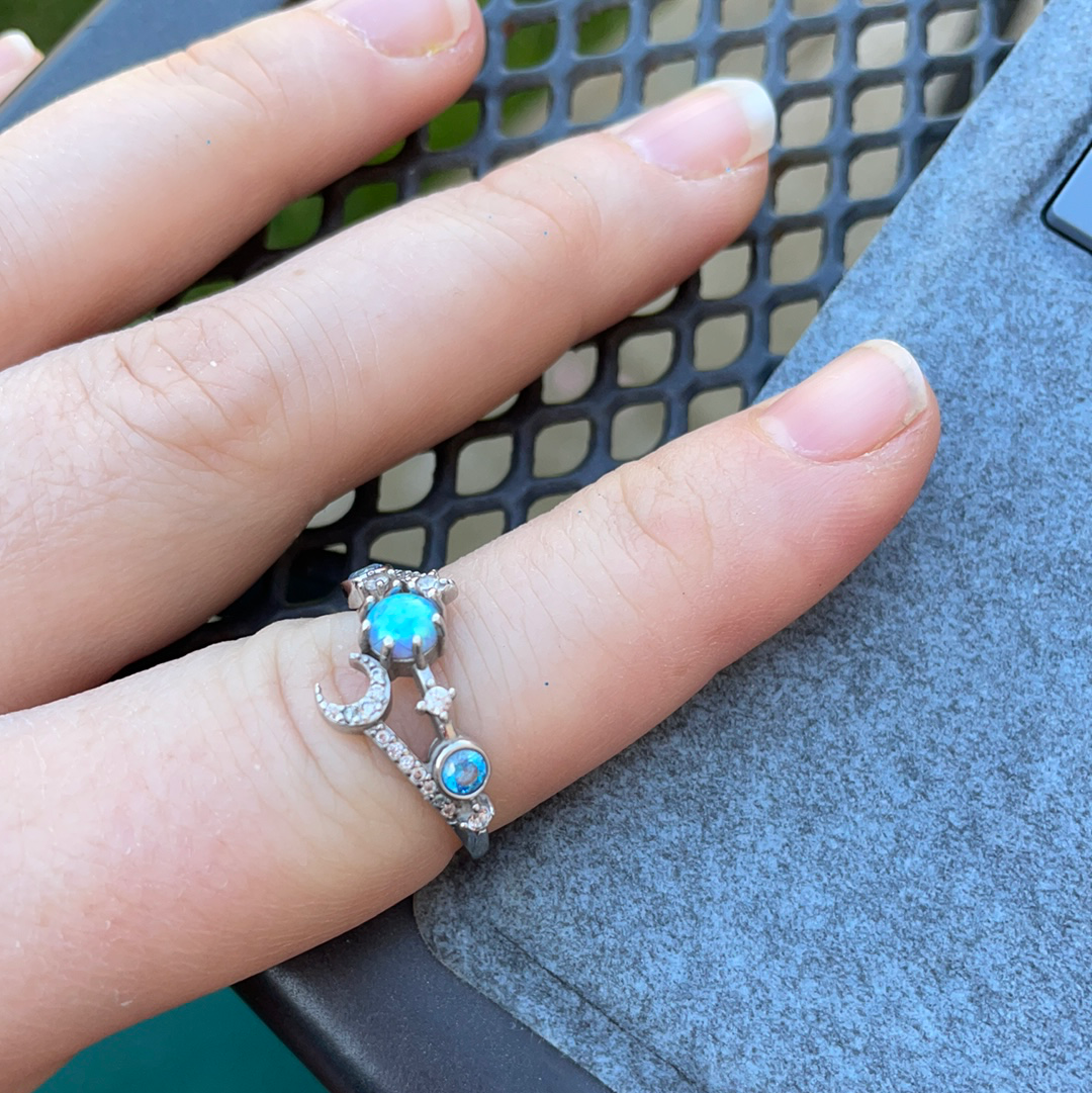 Unbranded But Beautiful Opal Stone Ring With Moon and Star Clear and Blue CZ Size 58