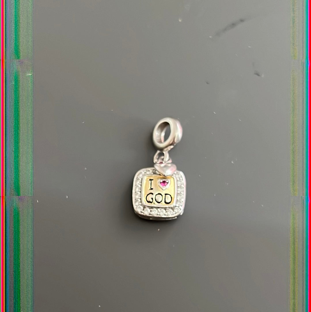 I Love God Pave Square Dangle Charm