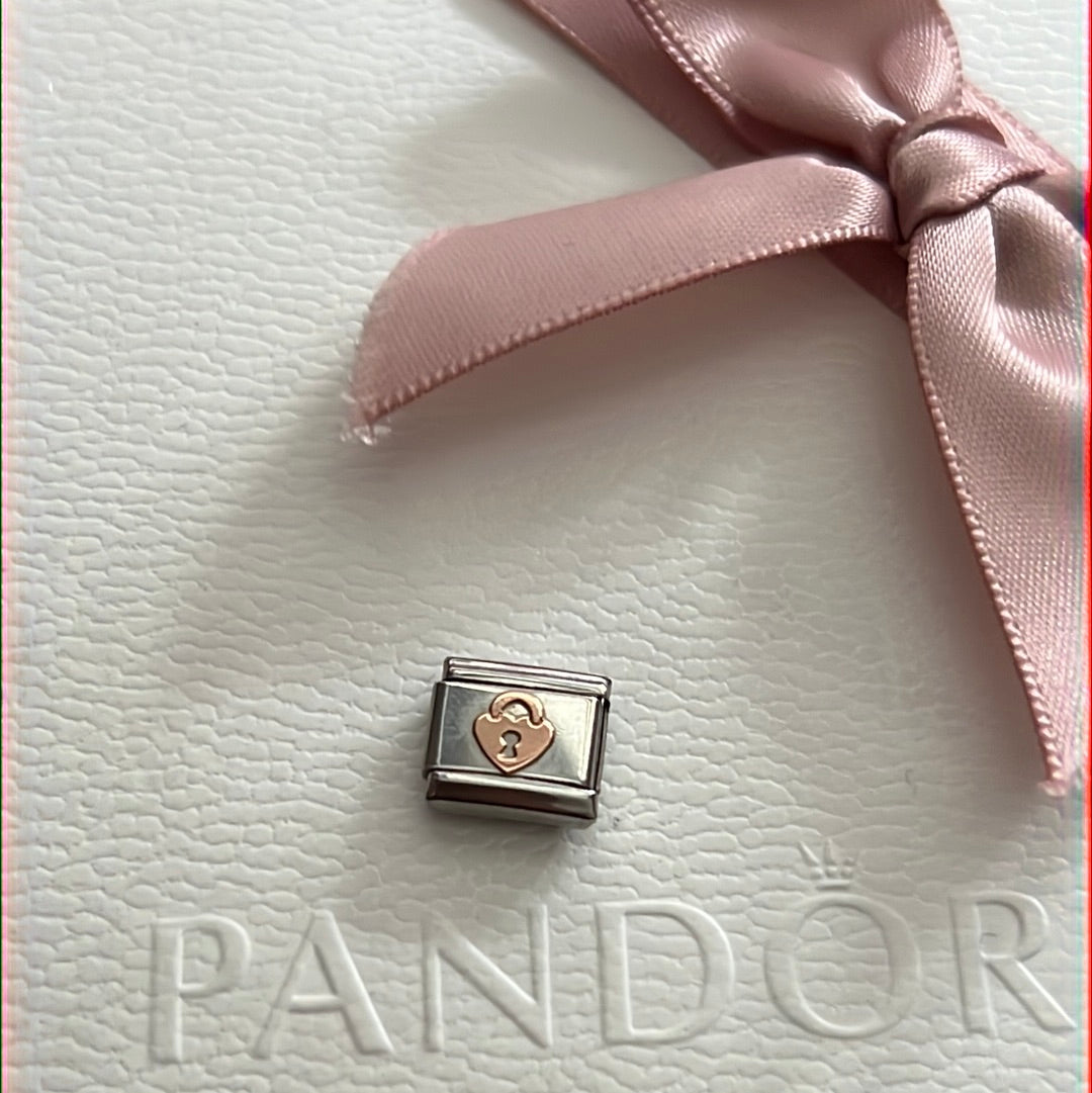 Genuine Nominations Silver Link Charm Rose Gold Accent Lock Padlock