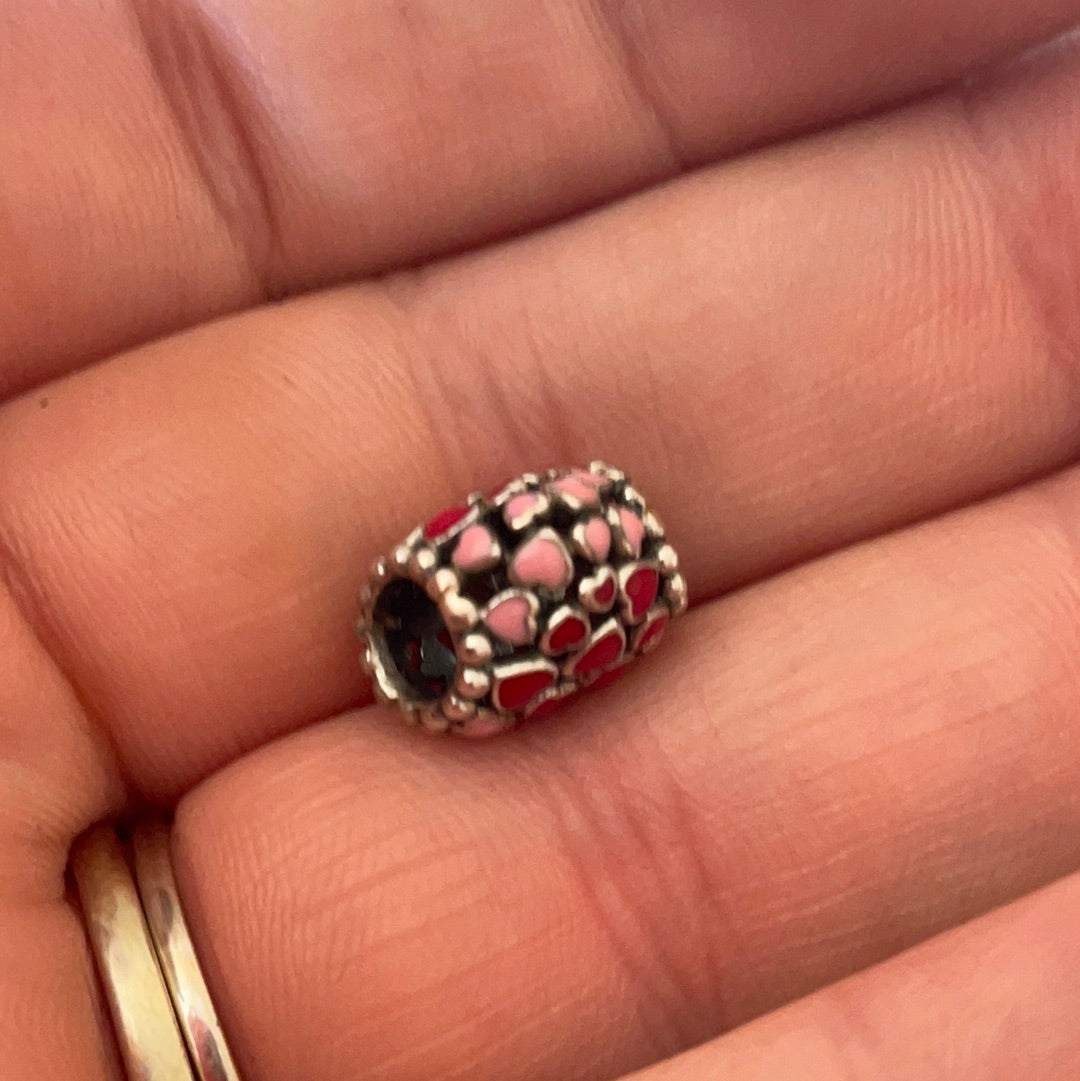 Genuine Pandora Light Pink and Red Enamel Hearts on an Openwork Heart Charm