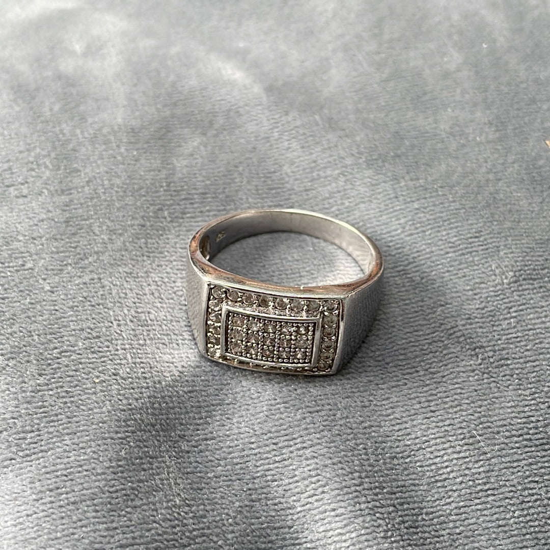 Sterling Silver Pave CZ Rectangle Statement Ring Size 64 Mens