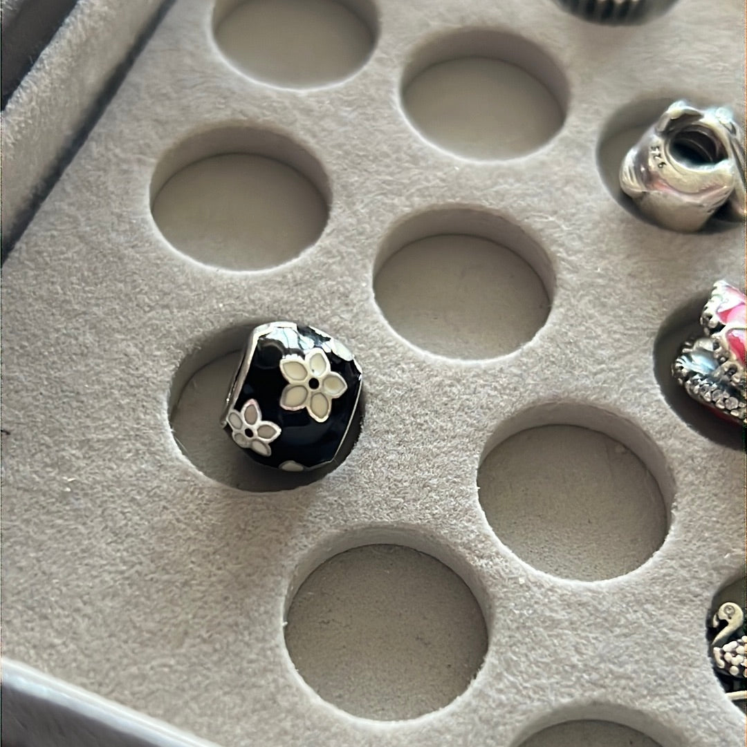 Genuine Pandora Black and White Flower Enamel Ball Charm