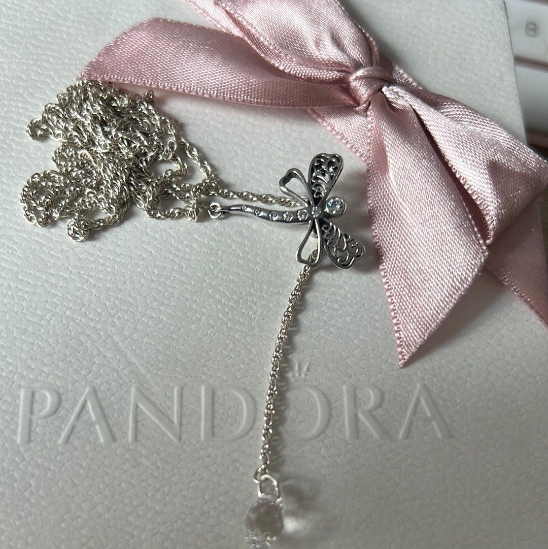 Genuine Pandora Rare HTF  Dragonfly Pendant Adjustable Chain CZ Dangle
