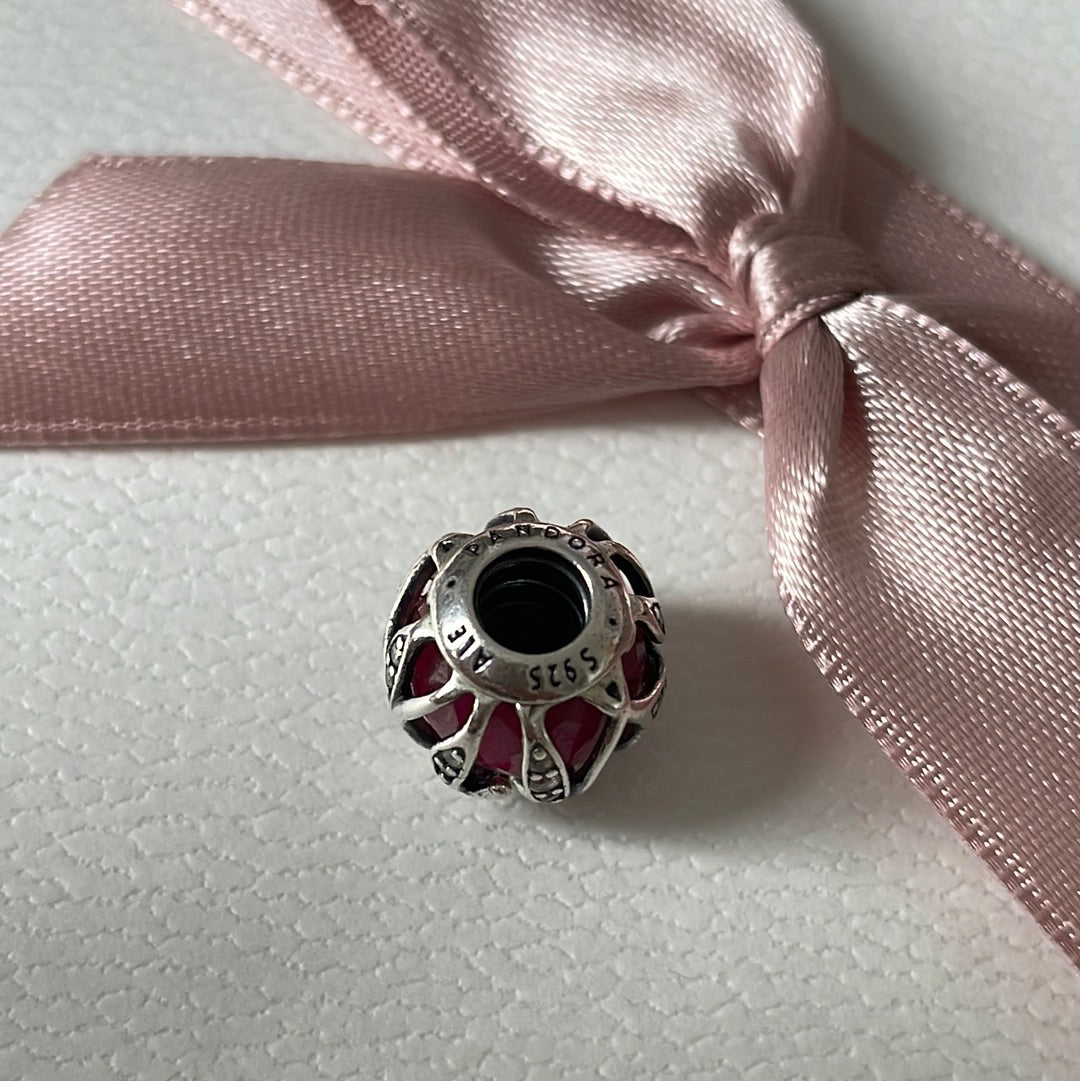 Genuine Pandora Cerise Faceted Murano Encased in Nature Leaf Pave Leaves Glass Silver Charm
