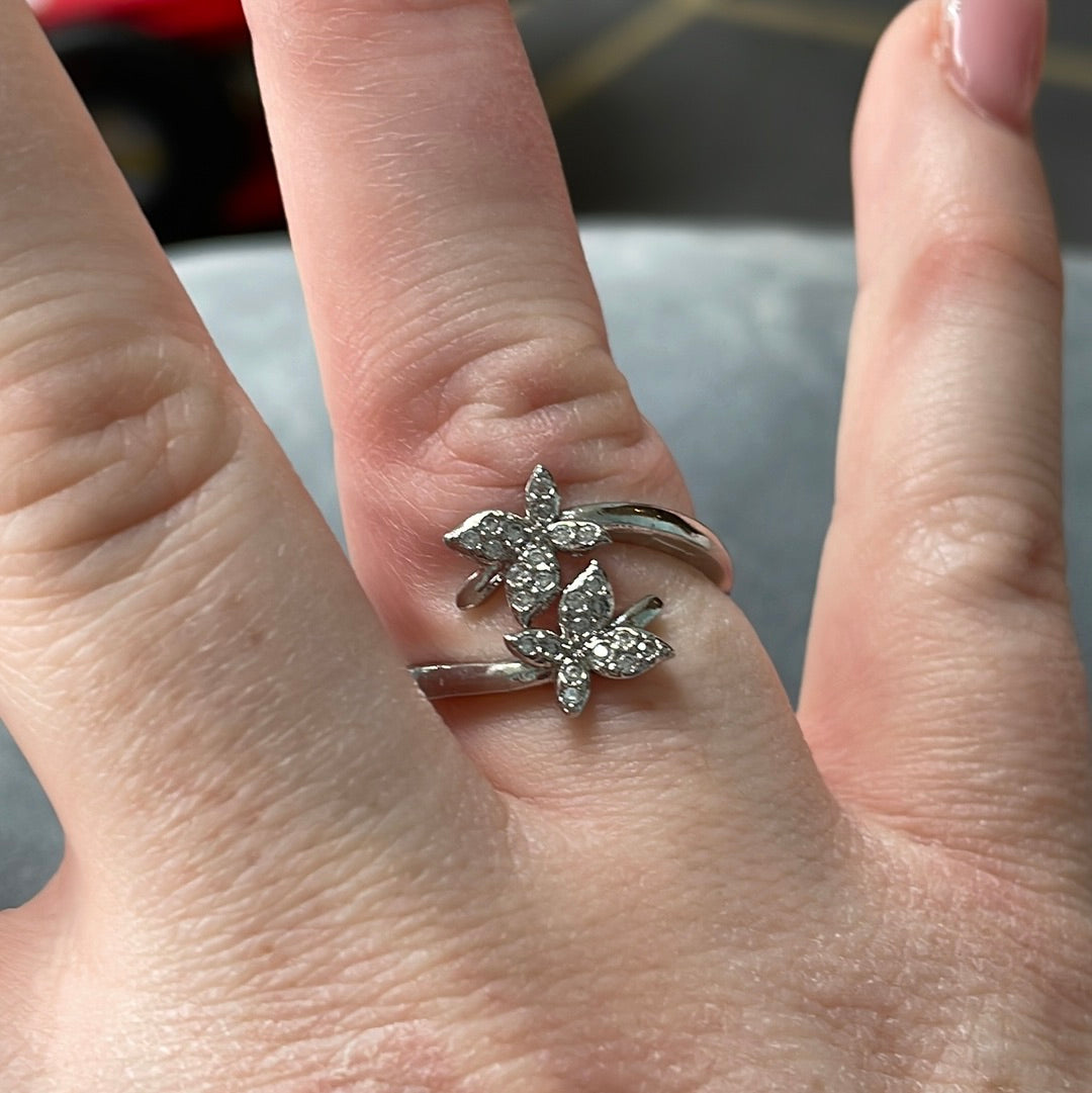 Sterling Silver Pave and CZ Butterfly Open Ring Size 56 (slightly adjustable)