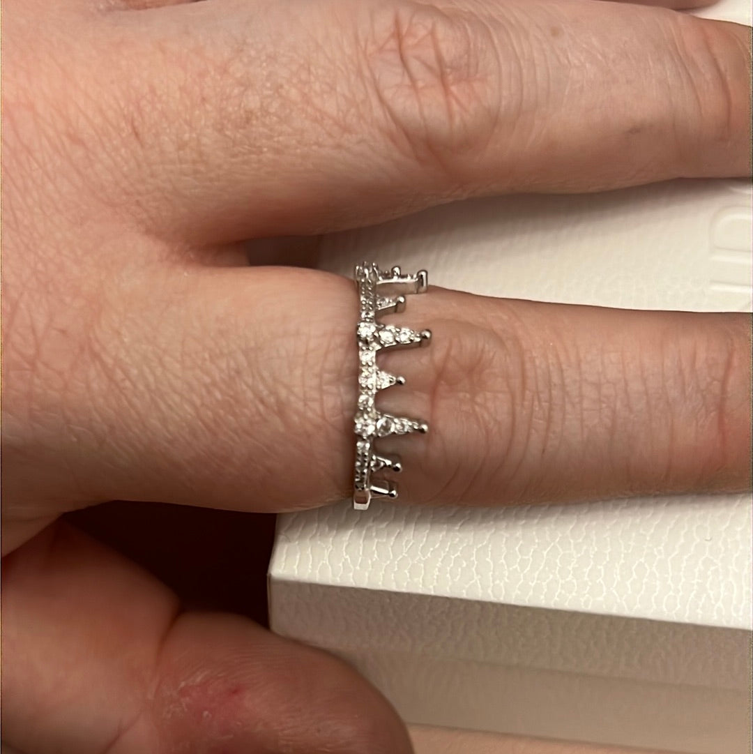 Sterling Silver Clear CZ Pave Abstract Crown Line Ring Size 60